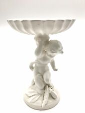 Vtg Detailed White Ceramic Cherub Pedestal Ribbed Compote Bowl Trinket Angel picture