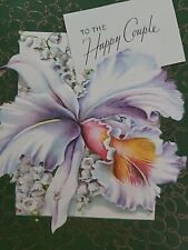 1953 Vtg ORCHID & LILY of Valley FAUX Rhinestone To HAPPY COUPLE WEDDING CARD picture