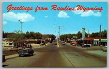 Greetings From Raylins Wyoming WY Old Cars Postcard UNP VTG Plastichrome Unused picture