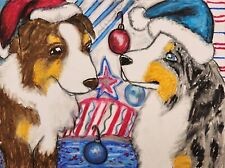 Mini Aussie Christmas Dog Art Print 13x19 Signed Artist KHSAMS Patriotic Colors picture