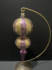 2008 Neiman Marcus Glass Christmas Ornament Gold and Purple Finial Glitter picture