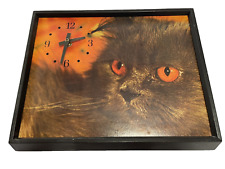 Vintage 70s MCM Cat Persian Shadow Box  Wall Clock Works RARE 14in x 11in picture