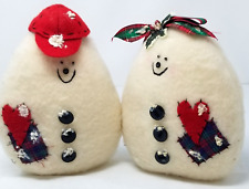 Snowman Couple Figurines Stuffed Handmade Tartan Bow Baseball Cap picture