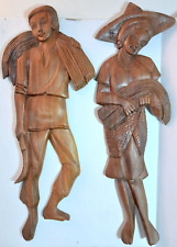 South American Wood Wall Art Set Hand Carved Woman/Man Harvest Vintage 1970 picture