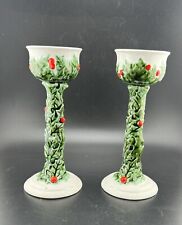 Pair Vintage Lefton 1827 White Holly Berry Tealight Votive Tall Candlesticks picture