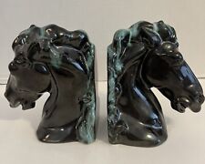 Mid Century Horse Bookends Black Turquoise Drip Glaze Ceramic VTG Modern Pottery picture