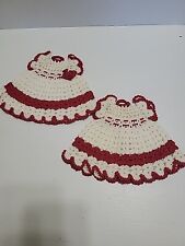 Vintage 2 Handmade Crochet Pot Holders Hot Pad Trivet Red White Doll Dress 7x8 picture