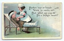 c.1915 World War I Nurses Postcard Medic WWI Wounded Soldier Red Cross Heart Leg picture