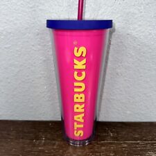 2014 Starbucks Hot Pink Acrylic Double Wall Tumbler Purple Lid With Straw picture