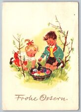 Postcard German Happy Easter Frohe Ostern Children Basket of Eggs c1960 picture