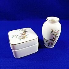 Bird in Cherry Blossom Tree Trinket Powder Box and Small Vase Yamaji Porcelain picture