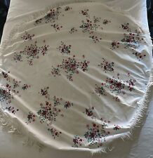Vintage Round Tablecloth Fringe Floral Pink, Red, Green 1950’s Linen Cotton 64” picture