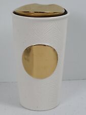 Starbucks 10oz Ceramic Gold Dot Coffee Tumbler Mug Shiny Gold Lid White Textured picture