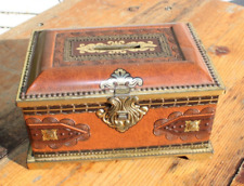 Vintage Hellas Tin Candy Trinket Box Bank Latched with Lion Handles Brown Gold picture