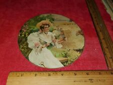 VICTORIAN  TRADE CARD OF LARGE ROUND CARD OF PRETTY LADY WITH FAN picture