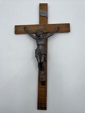 Large Vintage Cross Crucifix Wood Metal Ready to Hang Pewter Color Jesus God picture
