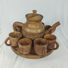 Handcrafted Wood Carved 10 pc Teapot Set W/ Turntable Stand & Cups Vtg picture