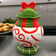 Whimsical Red Green White Polka Dots, Swirls & Stripes Ceramic Cookie Jar 9.75
