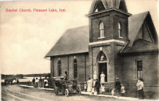 Baptist Church Pleasant Lake IN People Car Horse Divided Postcard 1910s picture