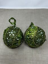 Set Of 2 Handmade Fully Bedazzled Green Toned Christmas Round Ornaments 3” picture