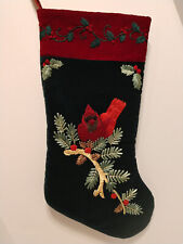 Christmas Stocking with Red Cardinal Holly Crewel Embroidered Green & Red Velvet picture
