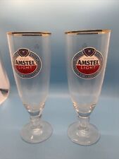 2 Amstel Light Beer Glass- With Gold Band Chalice and Detailed Stem 8” Tall picture