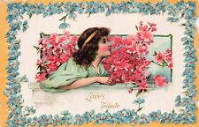 Valentines Love Tribute Verse VTG art Postcard Pretty Girl Woman flower floral picture