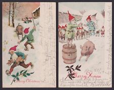 Signed JENNY NYSTROM 1907 UDB 2 Christmas Postcards Elf Elves Gnomes Pigs picture