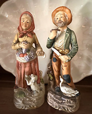 VTG Homco (Set of 2) Figurines Old Man Pipe & Duck, Old Woman Basket & Dog #1417 picture