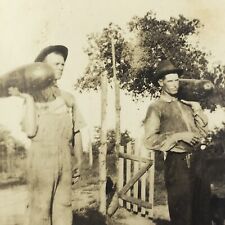 Vintage Sepia Photo Men Holding Watermelons Fruit On Shoulders Front Yard  picture