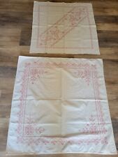 2 Tablecloths Linen Cross Stitch 35x35 & 31x31 Cream & Pink VTG Handmade Small picture