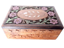 Hinged Wood Box w/ Stone Inlay Small Hand Carved Painted Flower Leaf Design  picture