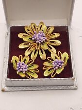 Vintage FLORENZA Green Enamel Flowers Brooch Pin Earrings Set Gold Tone Super  picture