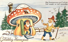 1954 DUTCH New Year Postcard Sweet Elves Toadstool House Walk in Snowy Field picture