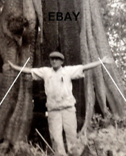 OOAK 1930s Snapshot Photo Man Huge Tree Stump Logging Logger Lumberjack BW picture