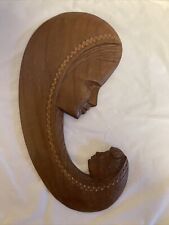 MADONNA and CHILD Hand Carved WOOD Plaque MCM Vintage Folk Art Wall Decor picture