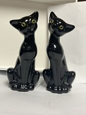 Pair of Vintage (MCM) Black Long Neck Tall Ceramic Cat Figurines W/ Green Eyes picture