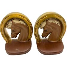 Horse & Lucky HorseShoe Bookends Painted Vintage Retro Ceramic Chalkware Kitsch picture