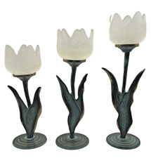 Vintage Candle Holders Frosted Glass Tulip Flower Verdigris Metal 9.25 8.25 7.25 picture
