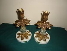 Vintage Pair Brass Candle Holders Italian Marble Base picture