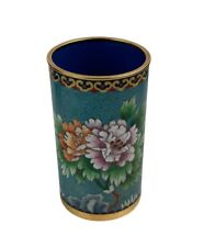 Vintage Cloisonne Blue Floral Flowers Butterfly Vase Brush Pot picture