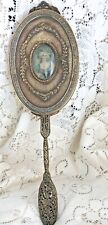 Antique Vanity Mirror French Door Gilt Bronze Style Hand Held Portrait Oval picture