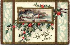 c1915 CHRISTMAS LYCKLIG JUL SNOW SCENE HOLLY GILDED EMBOSSED POSTCARD 41-217 picture