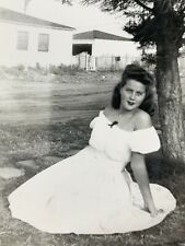 AgF) Found Photo Photograph Beautiful Woman Sitting Under Tree White Dress picture