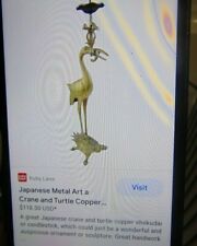 2 Japanese Metal Art a Crane on Turtle Copper / Brass Shokudai Or Candlestick  picture