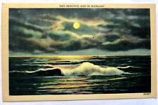 Beautiful Surf by Moonlight Waves Ocean Water Moonrise Seascape Linen Postcard picture