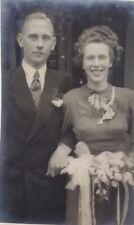 1940s Wedding Couple RPPC Real Photo Postcard Man in Suit Woman in Dress Bouquet picture