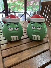 Lot of 2 ~ Green M & M Candy Jars With Santa Hats ~ New Tags picture