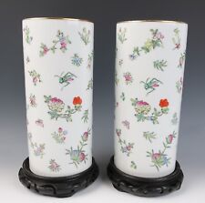 Pair Vintage Chinese Porcelain Insects & Flowers Cylinder Vase Famille Rose picture
