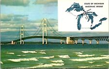 Mackinac Island MI- Michigan, The Mackinac Bridge, Map, Chrome 1962 Postcard picture